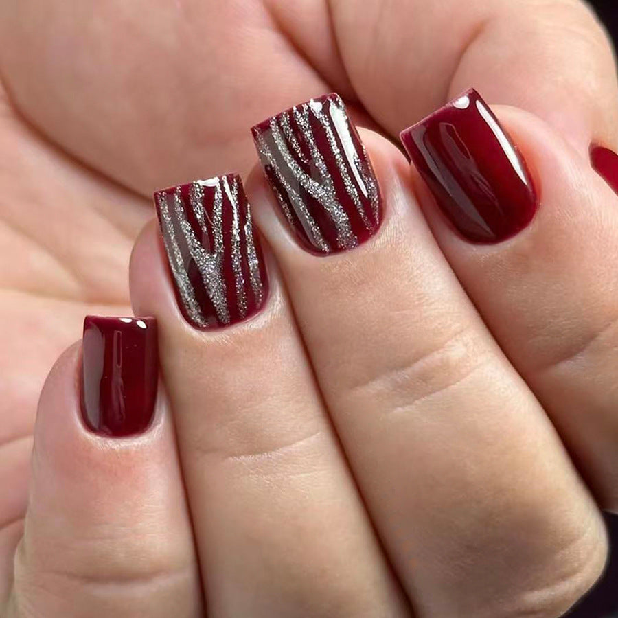 Wild Elegance Square Medium Length Burgundy and Silver Striped Press On Nail Set