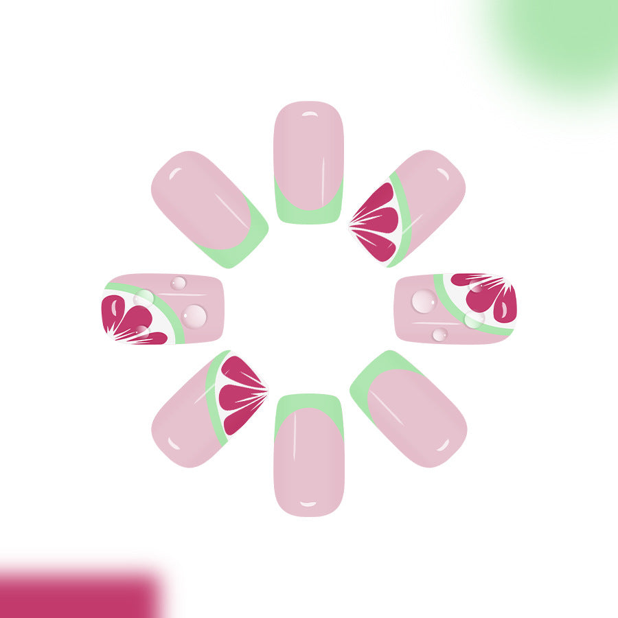Tropical Delight Medium Square Pink and Green Press on Nails with Floral Accent Design