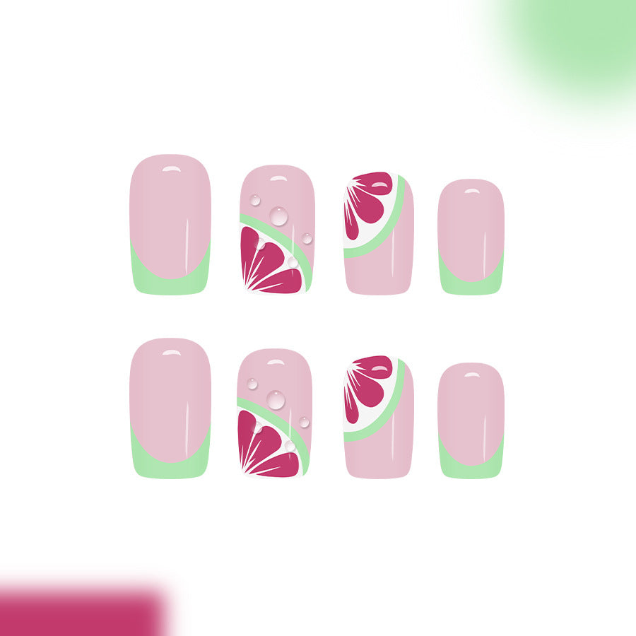 Citrus Splash Medium Square Pink and Green Press On Nail Set with Unique Fruit Design