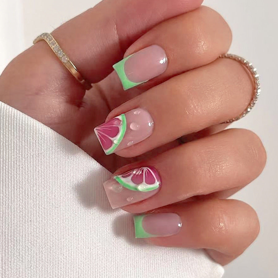 Tropical Bliss Medium Square Green and Pink Watermelon Design Press-On Nail Set