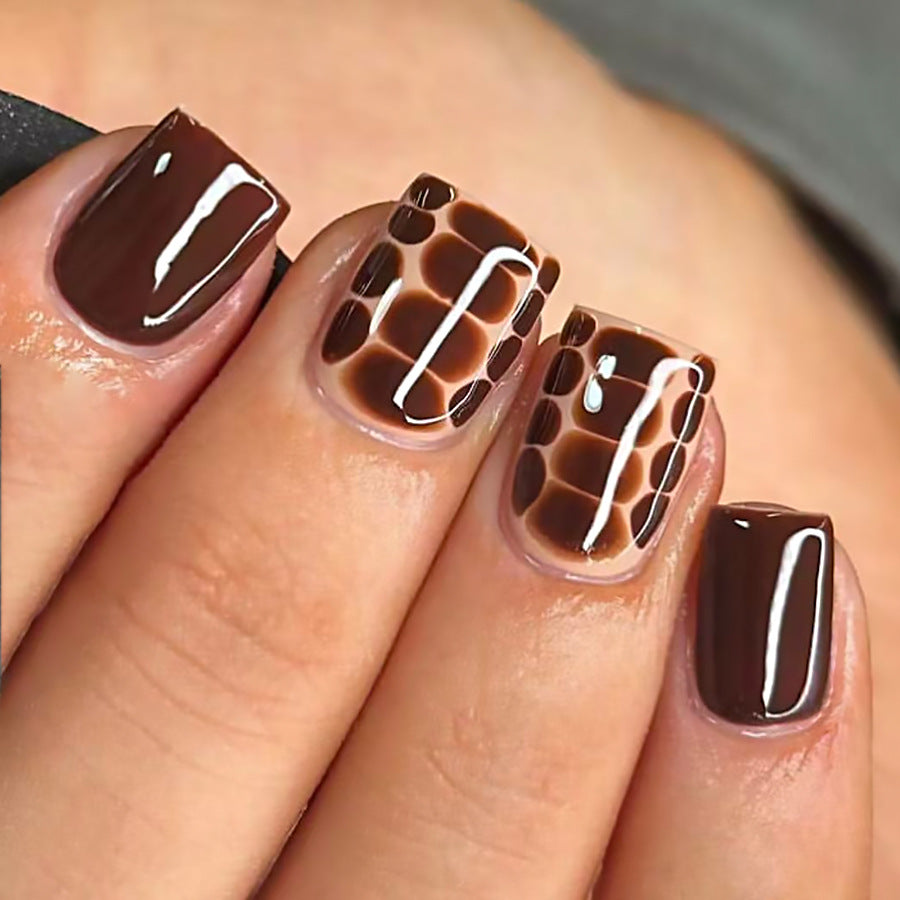 Chocolate Autumn Delight Short Square Brown Press On Nail Set with Glossy Animal Print Feature