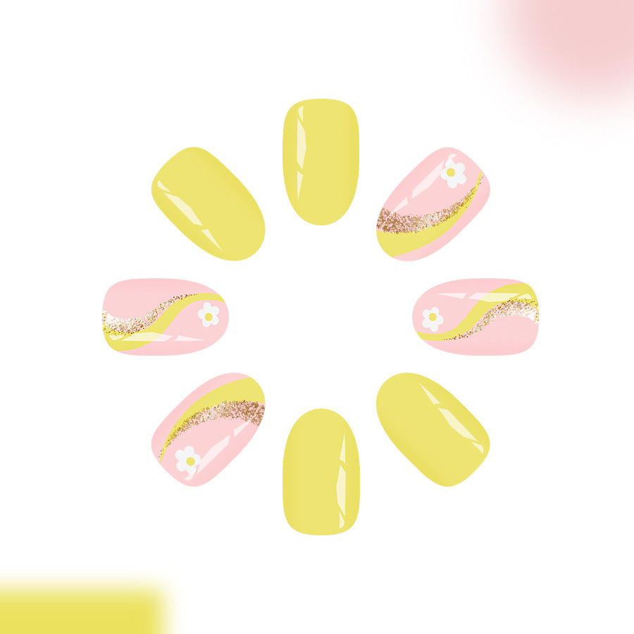 Sunny Delight Medium Oval Yellow and Pink Press-On Nail Set with Glitter and Floral Accents