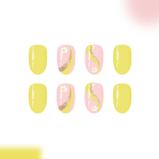 Spring Blossom Chic Glossy Medium Oval Yellow and Pink Floral Design Press-On Nail Set