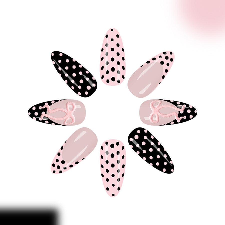 Chic Polka Dot Glamour Long Almond Shape Black and Pink Color with Unique Bow Detail Press On Nail Set