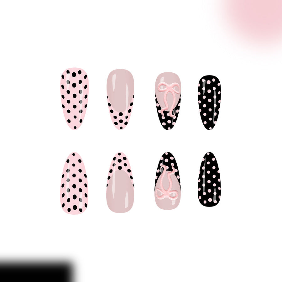 Chic Polka Dot Fantasy Long Stiletto Pink and Black with Unique Bow Design Press On Nail Set