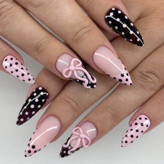Charming Elegance Extra Long Stiletto Press On Nail Set in Pink and Black with Playful Bow Accents and Dots