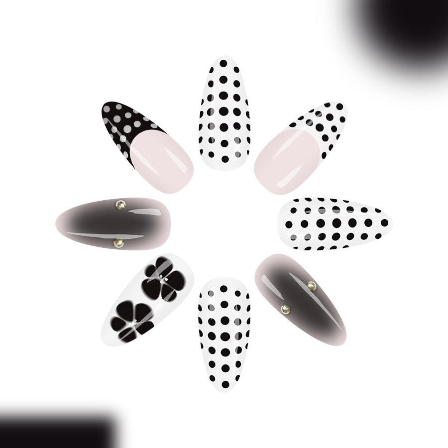 Bohemian Elegance Long Almond Black and White Polka Dot Press On Nail Set with Floral Accents