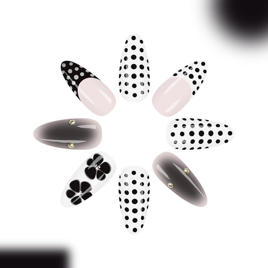Bohemian Elegance Long Almond Black and White Polka Dot Press On Nail Set with Floral Accents