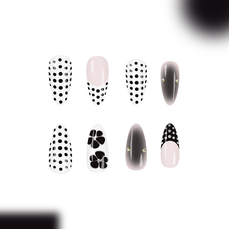 Chic Polka Dot Design Long Almond Shaped Black and White Press On Nail Set with Stylish Floral Accents