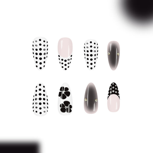 Chic Polka Dot Design Long Almond Shaped Black and White Press On Nail Set with Stylish Floral Accents
