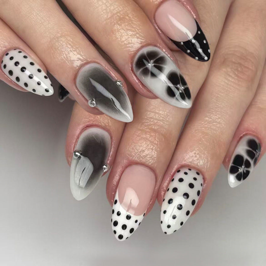 Elegant Noir Long Almond Shape Black and White Gradient with Dazzling Gem Accents Press On Nail Set