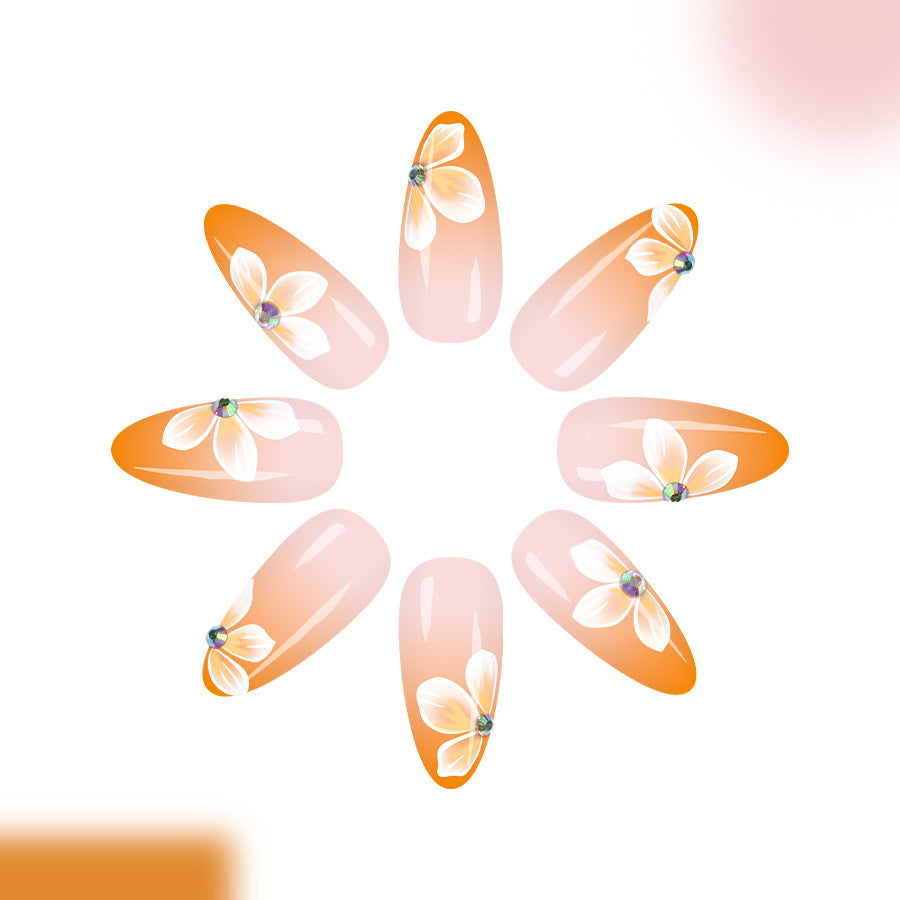 Floral Garden Long Almond Orange Ombre Press-On Nail Set with Elegant Flower Accents
