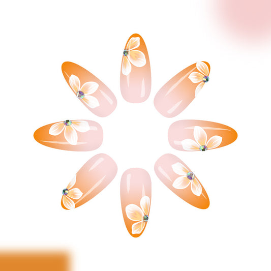 Floral Garden Long Almond Orange Ombre Press-On Nail Set with Elegant Flower Accents