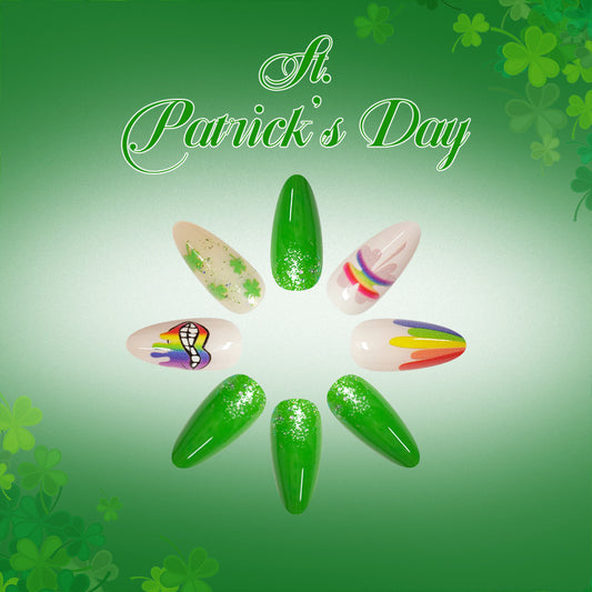 St Patrick's Day Festive Long Almond Green Shimmer with Fun Designs Press-On Nail Set