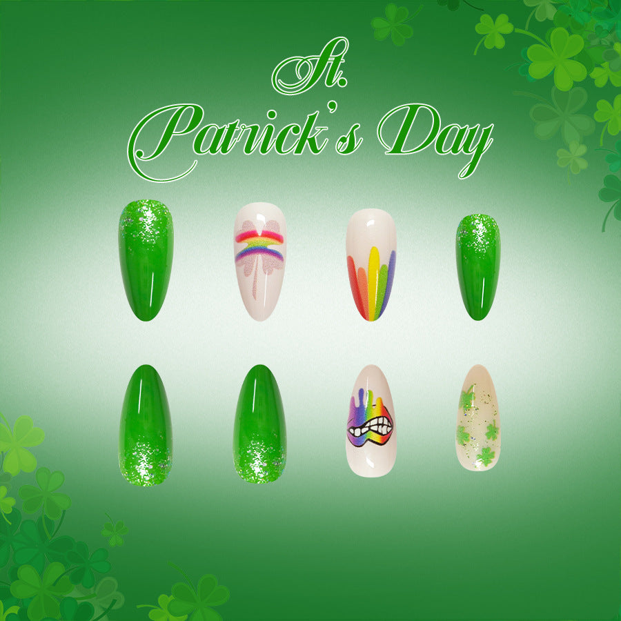 Festive Green Long Almond Press-On Nail Set Long Glossy Vibrant Colorful Rainbow Designs