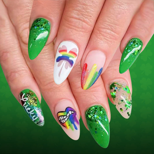 Lucky Vibrant Green Long Stiletto Nail Set with Glitter and Fun Art Designs