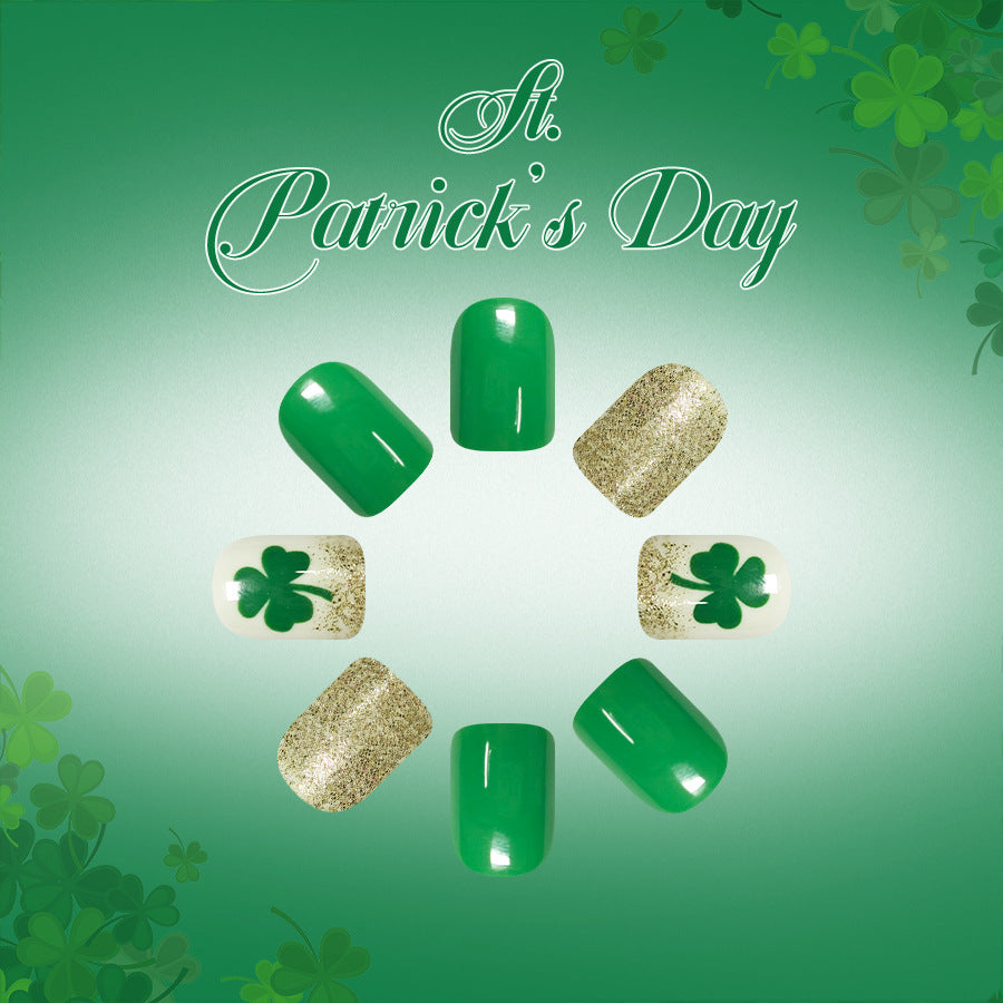 Lucky Charm Green Short Square Press On Nail Set with Glittering Shamrock Design