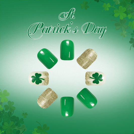 Lucky Charm Green Short Square Press On Nail Set with Glittering Shamrock Design
