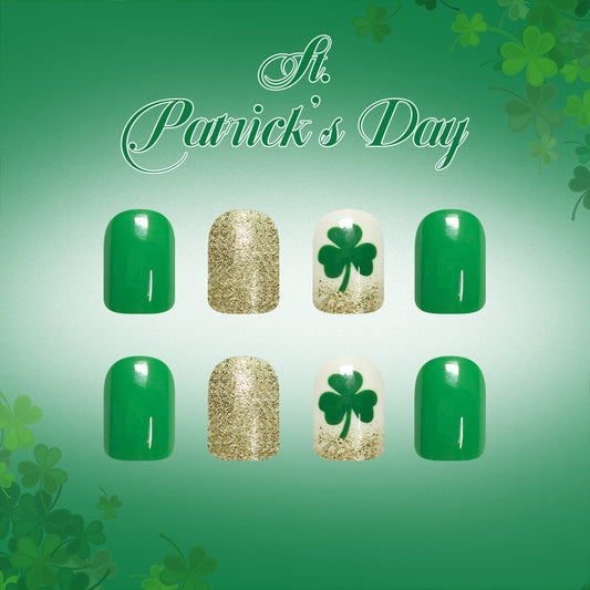 Lucky Charm Green Short Square Nails with Glittery Shamrock Design for Festive Celebrations