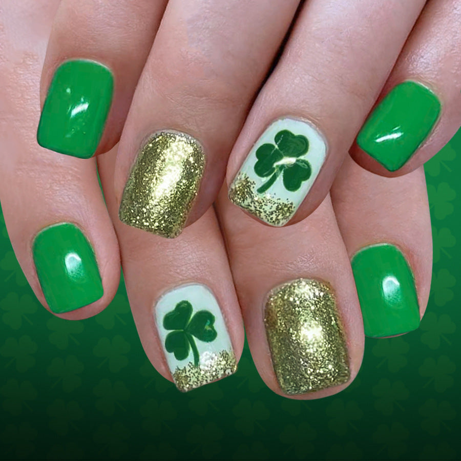 St. Patrick's Day Glamorous Short Square Green and Gold Glitter Press On Nail Set with Shamrock Design