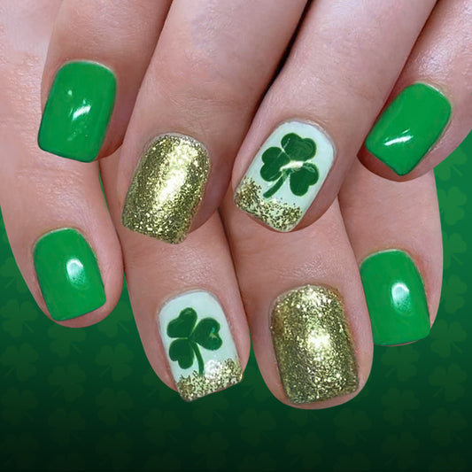 St. Patrick's Day Glamorous Short Square Green and Gold Glitter Press On Nail Set with Shamrock Design