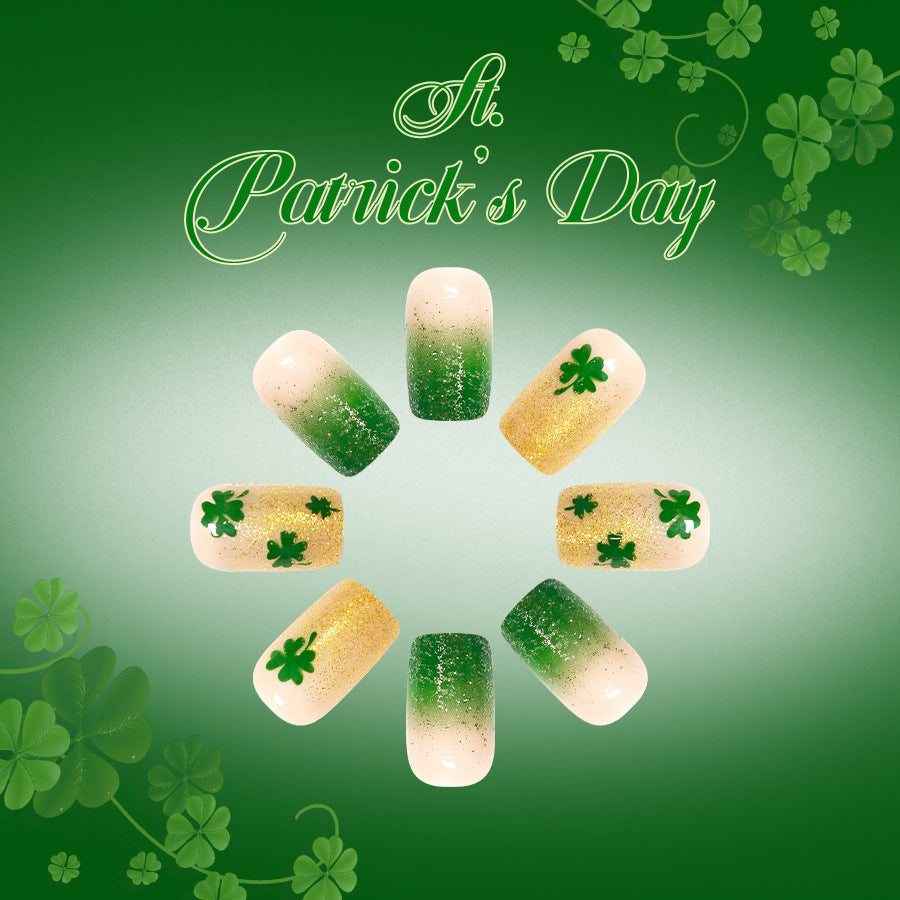 Lucky Charm St. Patrick's Day Medium Square Green and Gold Gradient Press-On Nail Set with Shamrock Design