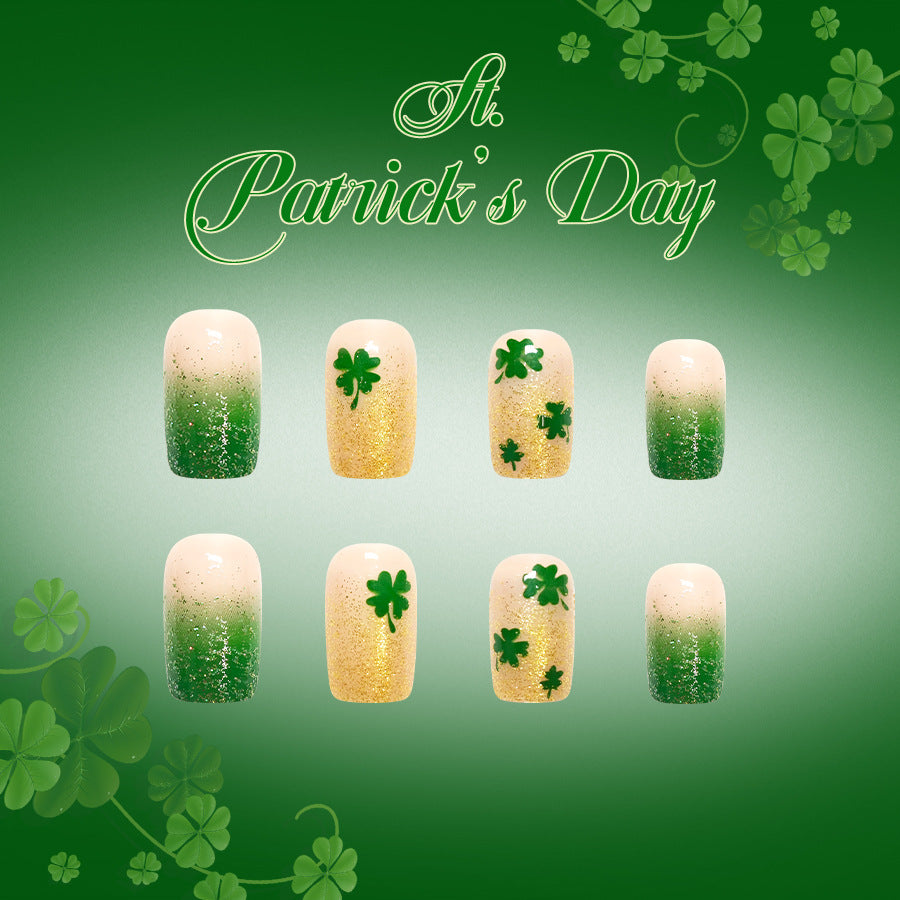 Emerald Enchantment Medium Square Green Ombre with Shamrock Accents Press on Nail Set