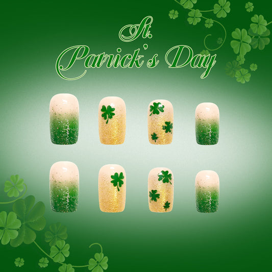 Emerald Enchantment Medium Square Green Ombre with Shamrock Accents Press on Nail Set
