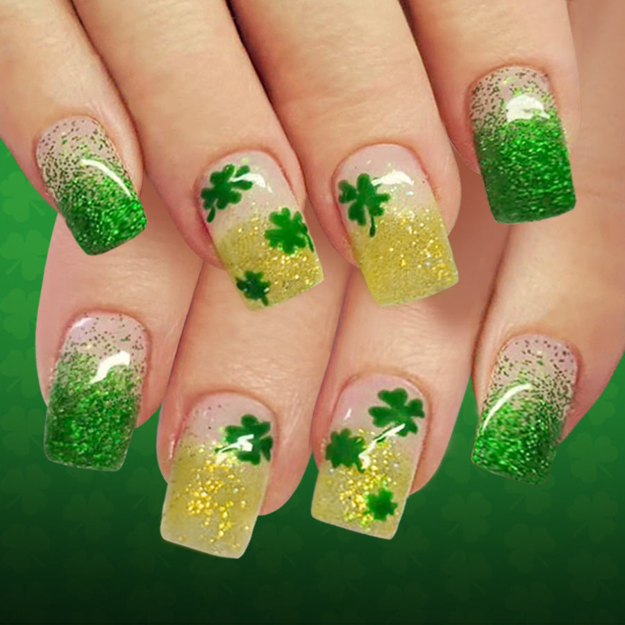 Lucky Charm Glitter Short Square Green Gold Ombre Nail Set with Shamrock Art