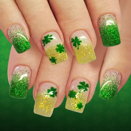 Lucky Charm Glitter Short Square Green Gold Ombre Nail Set with Shamrock Art