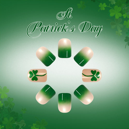 St. Patrick's Day Vibrant Short Square Green Gradient Press On Nail Set with Elegant Shamrock Design