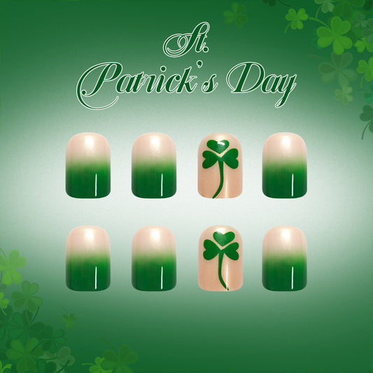 St. Patrick's Day Inspired Short Square Green Ombre Nail Set with Shamrock Design