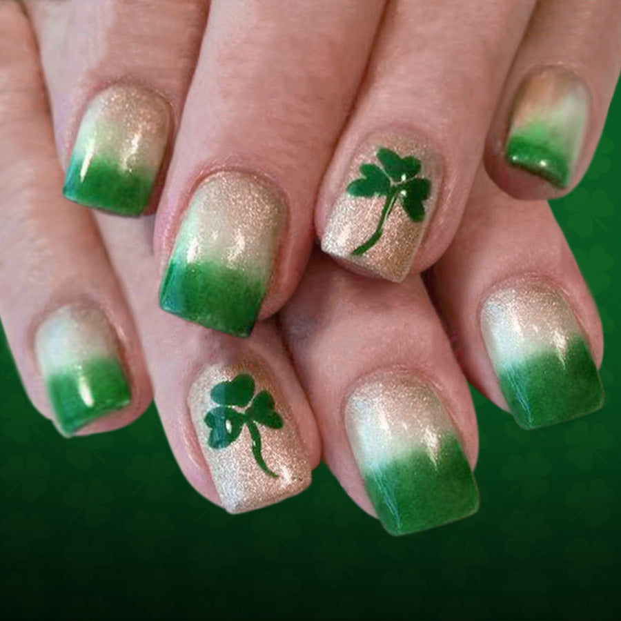 Emerald Enchantment Short Square Green Ombre with Shamrock Design Press On Nail Set