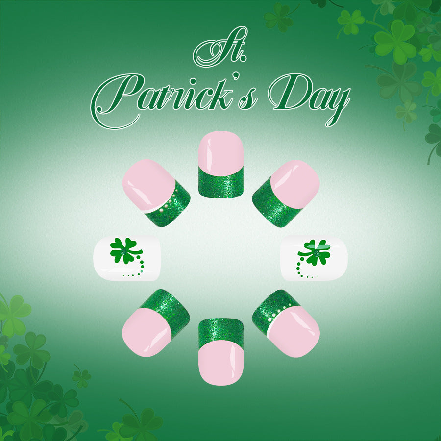 Enchanted St. Patrick's Day Press On Nail Set Short Square Pink and Green with Glitter Shamrock Design