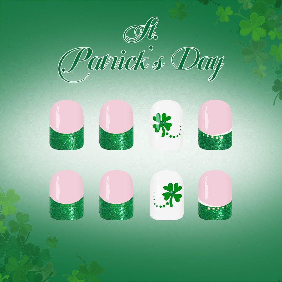 St. Patrick's Day Charming Short Square Green and Pink Glitter Press on Nail Set with Shamrock Design