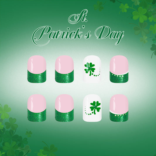 St. Patrick's Day Charming Short Square Green and Pink Glitter Press on Nail Set with Shamrock Design