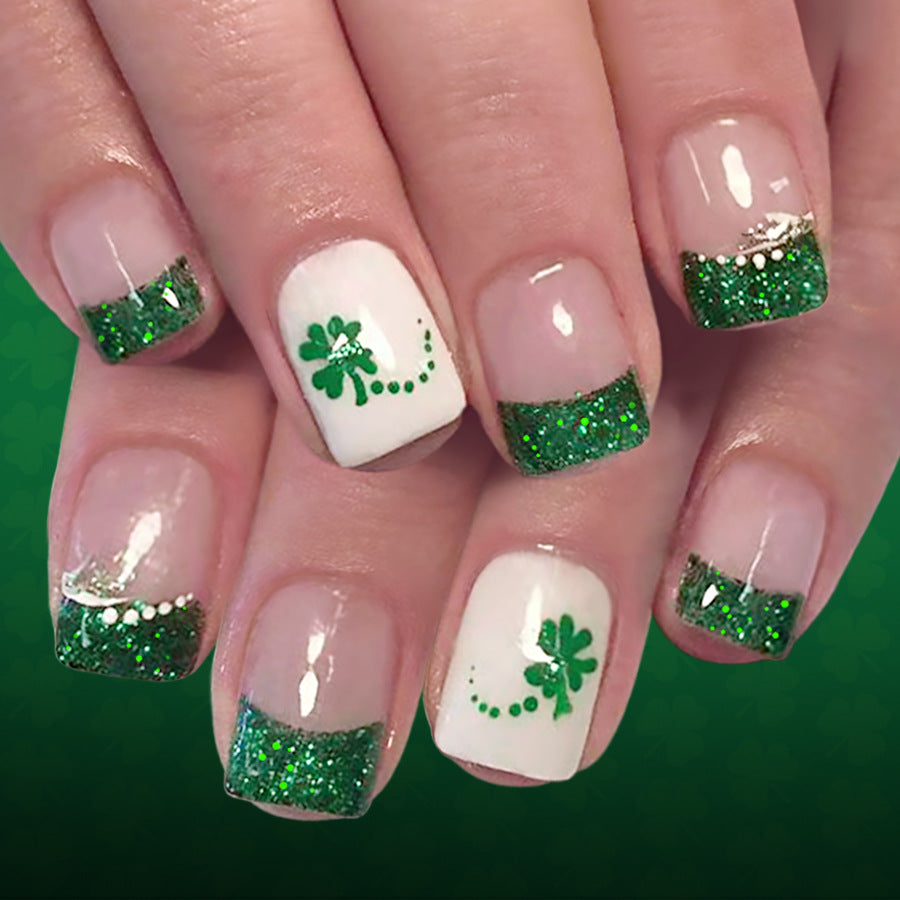 Lucky Charm Short Square Green Glitter Press-On Nail Set with Shamrock Design and Glossy Finish