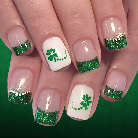 Lucky Charm Short Square Green Glitter Press-On Nail Set with Shamrock Design and Glossy Finish