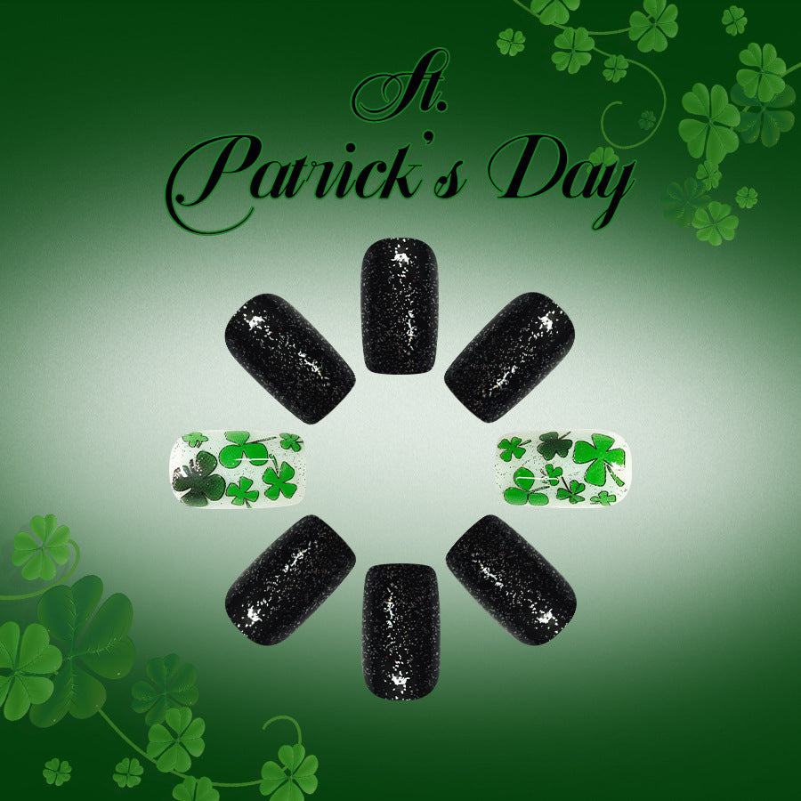 St. Patrick's Day Glamorous Medium Square Black Sparkle with Shamrock Design Press On Nail Set