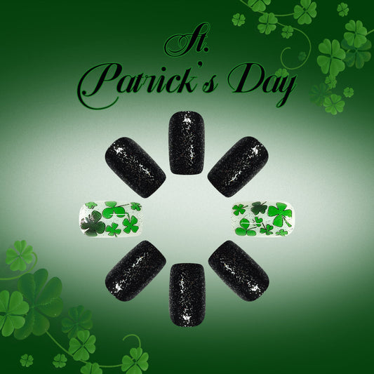 St. Patrick's Day Glamorous Medium Square Black Sparkle with Shamrock Design Press On Nail Set