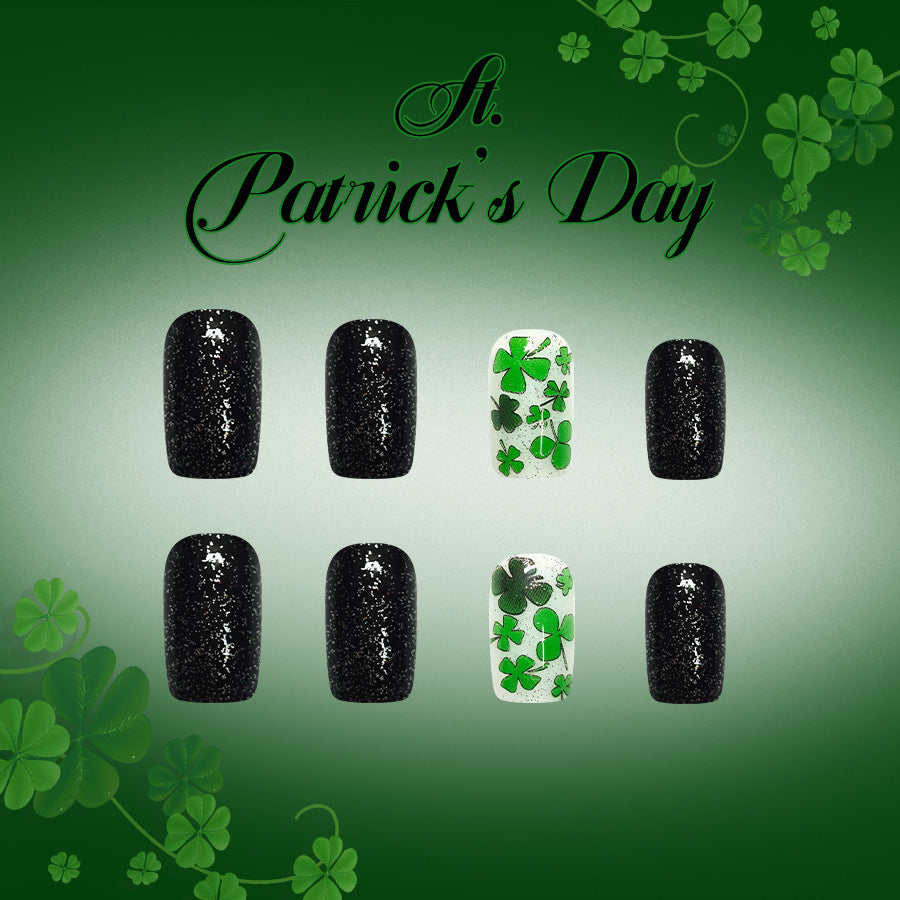 St. Patrick's Day Glamorous Medium Square Black and Green Press-On Nail Set with Sparkling Clovers