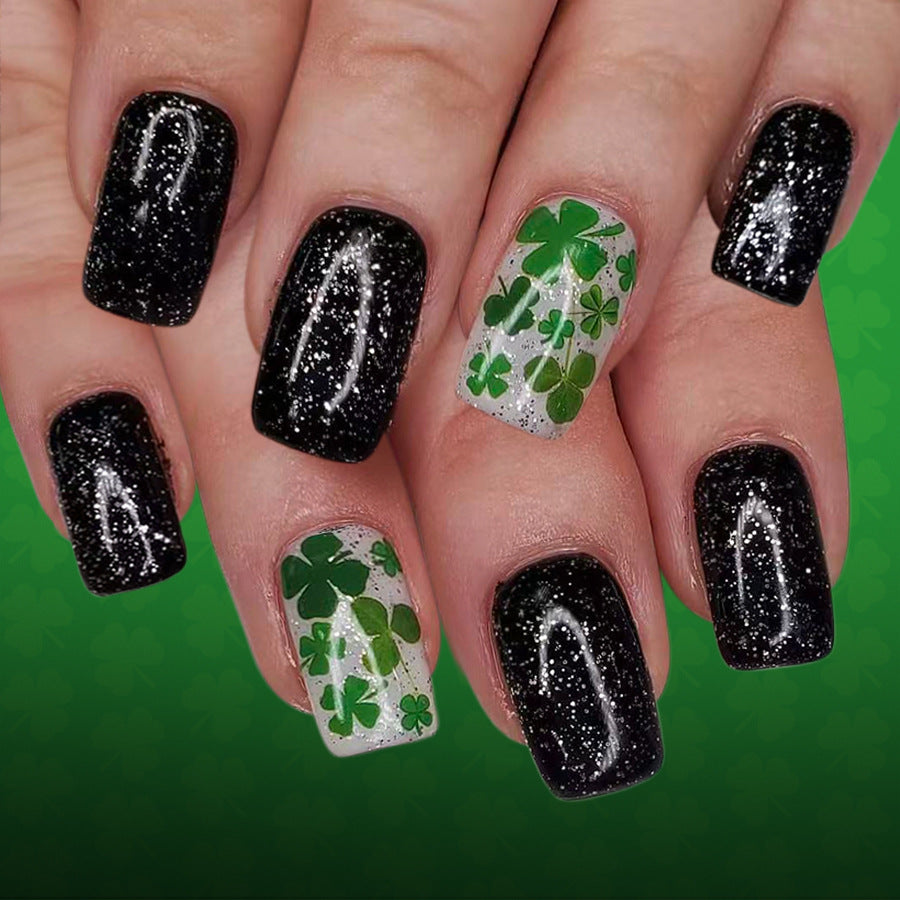Lucky Charm Medium Square Black and Glittery with Green Clover Accents Press On Nail Set