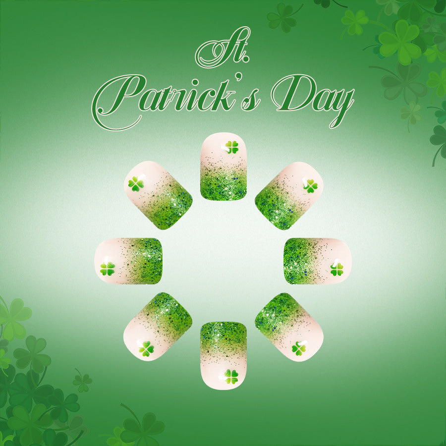 Lucky Charm St Patrick's Day Medium Square Green Ombre Press On Nail Set with Shamrock Accents