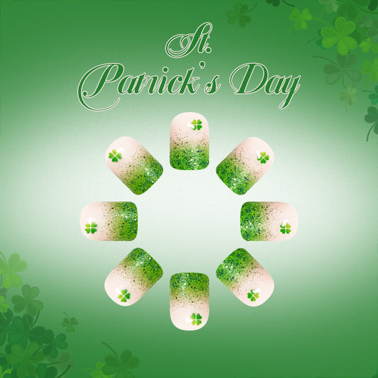 Lucky Charm St Patrick's Day Medium Square Green Ombre Press On Nail Set with Shamrock Accents