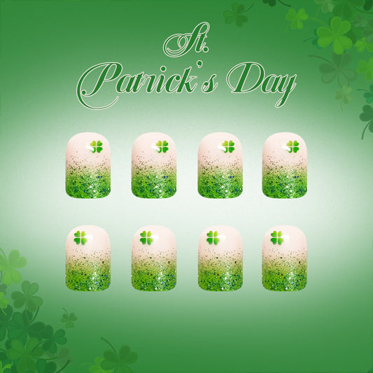 Lucky Clover Inspired Short Square Green Ombre Press On Nail Set with Glitter and Shamrock Accent