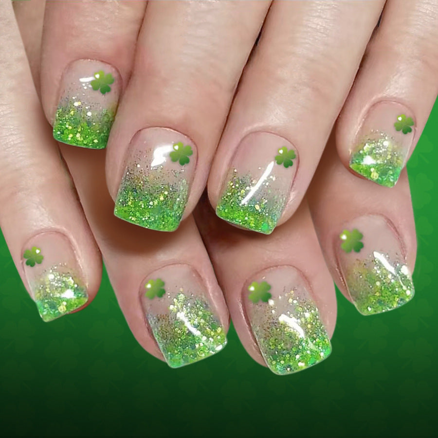 Lucky Charm Inspired Short Square Green Glittery Press on Nail Set with Floral Accents