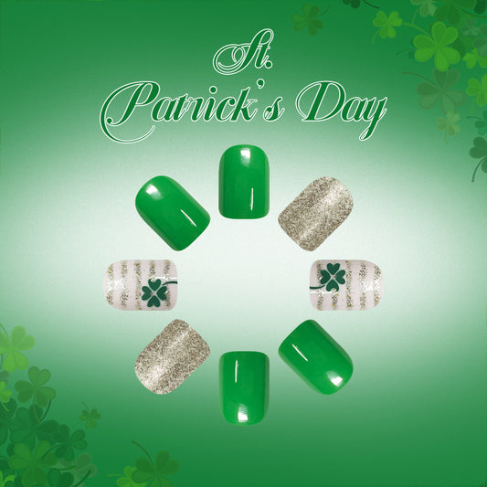 Lucky Charm Emerald Green Short Square Press on Nail Set with Shamrock and Glitter Accents