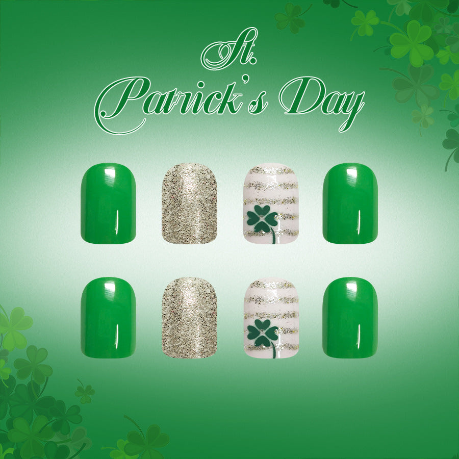 Lucky Charm Emerald Press-On Nail Set Glossy Short Square Green with Glitter and Shamrock Accent