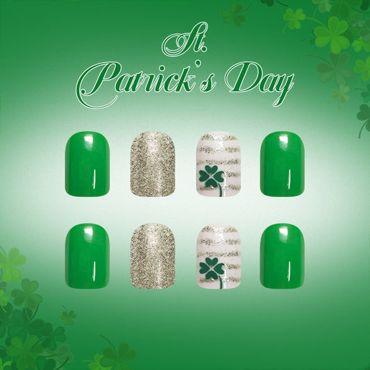 Lucky Charm Emerald Press-On Nail Set Glossy Short Square Green with Glitter and Shamrock Accent