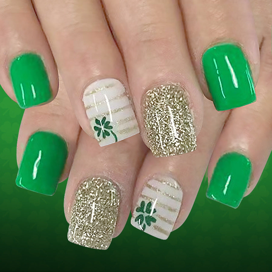 Lucky Charm Emerald Green Short Square Press-On Nail Set with Glitter and Clover Accent